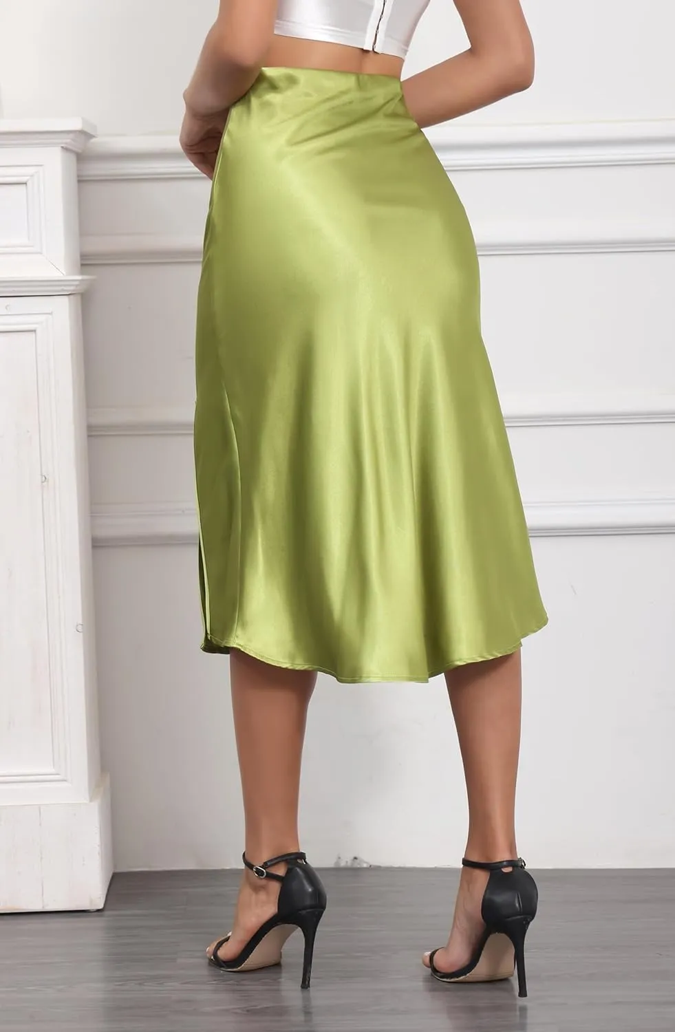 ALCEA ROSEA Women High Waist Silky Satin Midi Skirt Elastic Waist A Line Skirt with Slit
