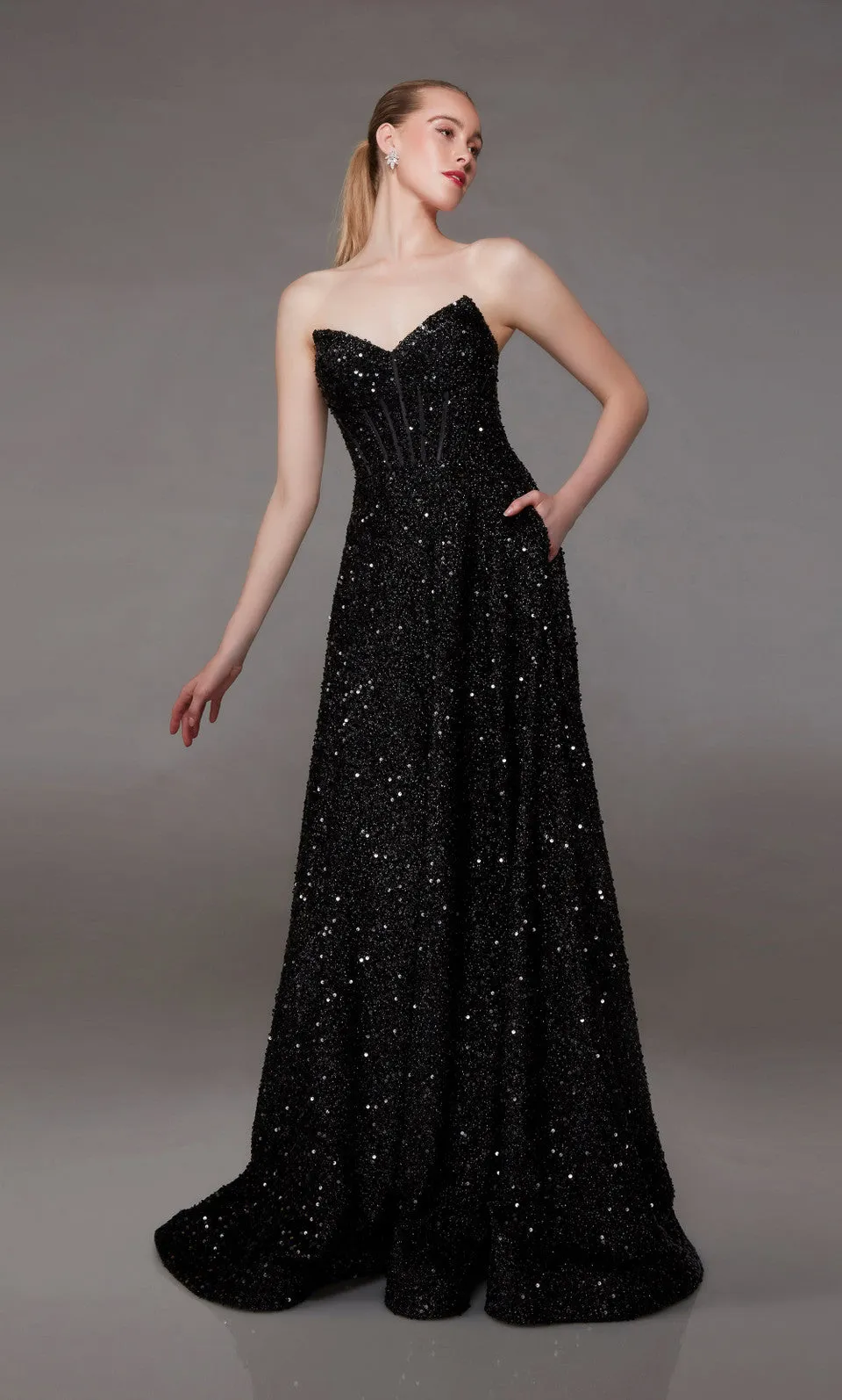 ALYCE PARIS 1826 Black Sequin A-Line Dress with Pockets - Size 16