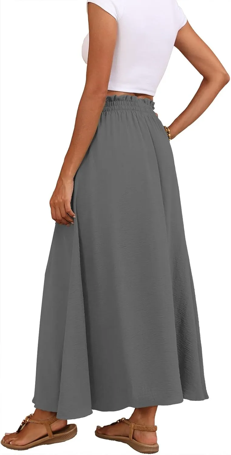Askyes Womens Maxi Skirt Summer Tie Knot Elastic High Waisted Boho Casual Beach Flowy Swing Long Skirts with Pockets