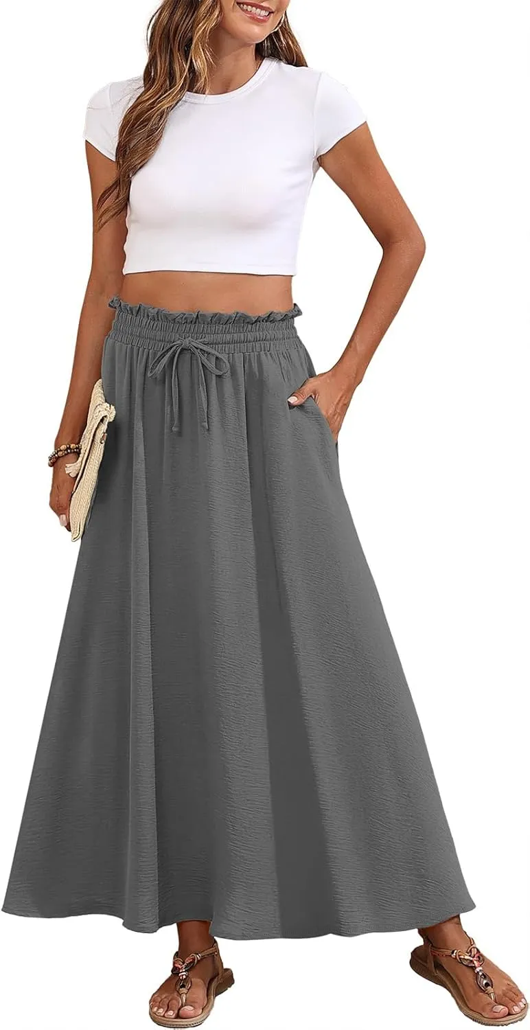 Askyes Womens Maxi Skirt Summer Tie Knot Elastic High Waisted Boho Casual Beach Flowy Swing Long Skirts with Pockets