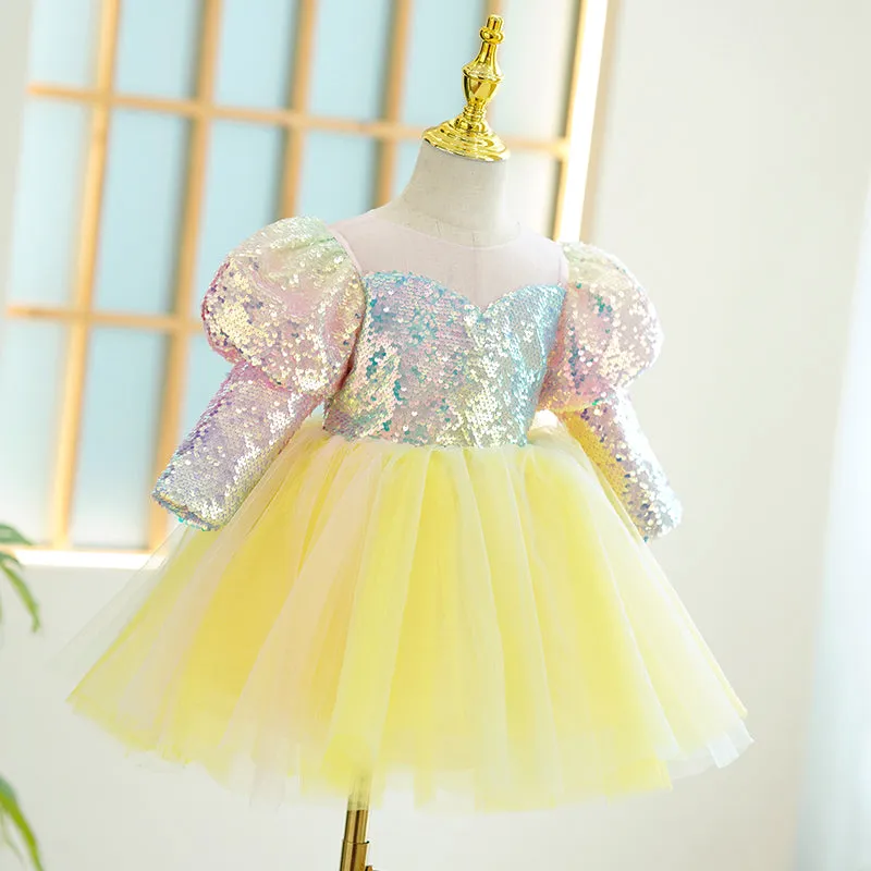 Baby Girl Dress Toddler Prom Puff Sleeves Sequins Puffy Birthday Party Dress