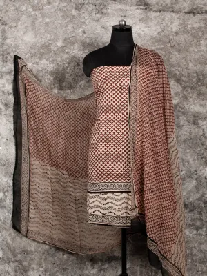 Beige Black Rust Hand Block Printed Cotton Suit-Salwar Fabric With Chiffon Dupatta (Set of 3) - SU01HB403