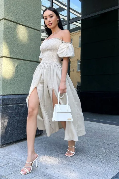 Beige Dress For Lady, Elegant Dress With Elasticated Bodice