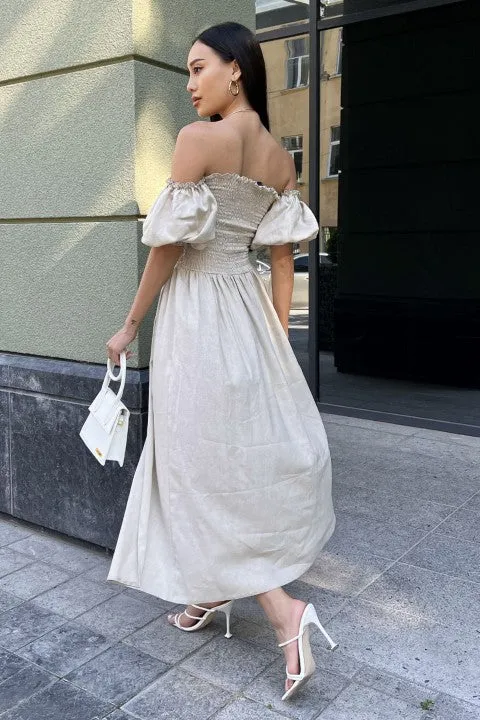 Beige Dress For Lady, Elegant Dress With Elasticated Bodice