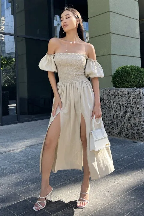 Beige Dress For Lady, Elegant Dress With Elasticated Bodice