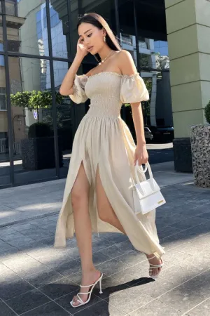 Beige Dress For Lady, Elegant Dress With Elasticated Bodice