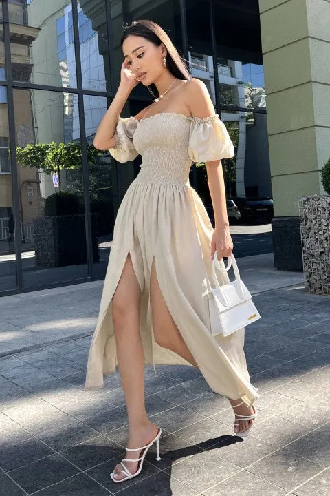 Beige Dress For Lady, Elegant Dress With Elasticated Bodice