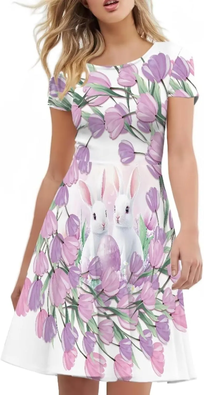 Binienty Women's Summer Casual Loose Crewneck Dress Ruffle Puffy Long Sleeve High Waist Midi Dress