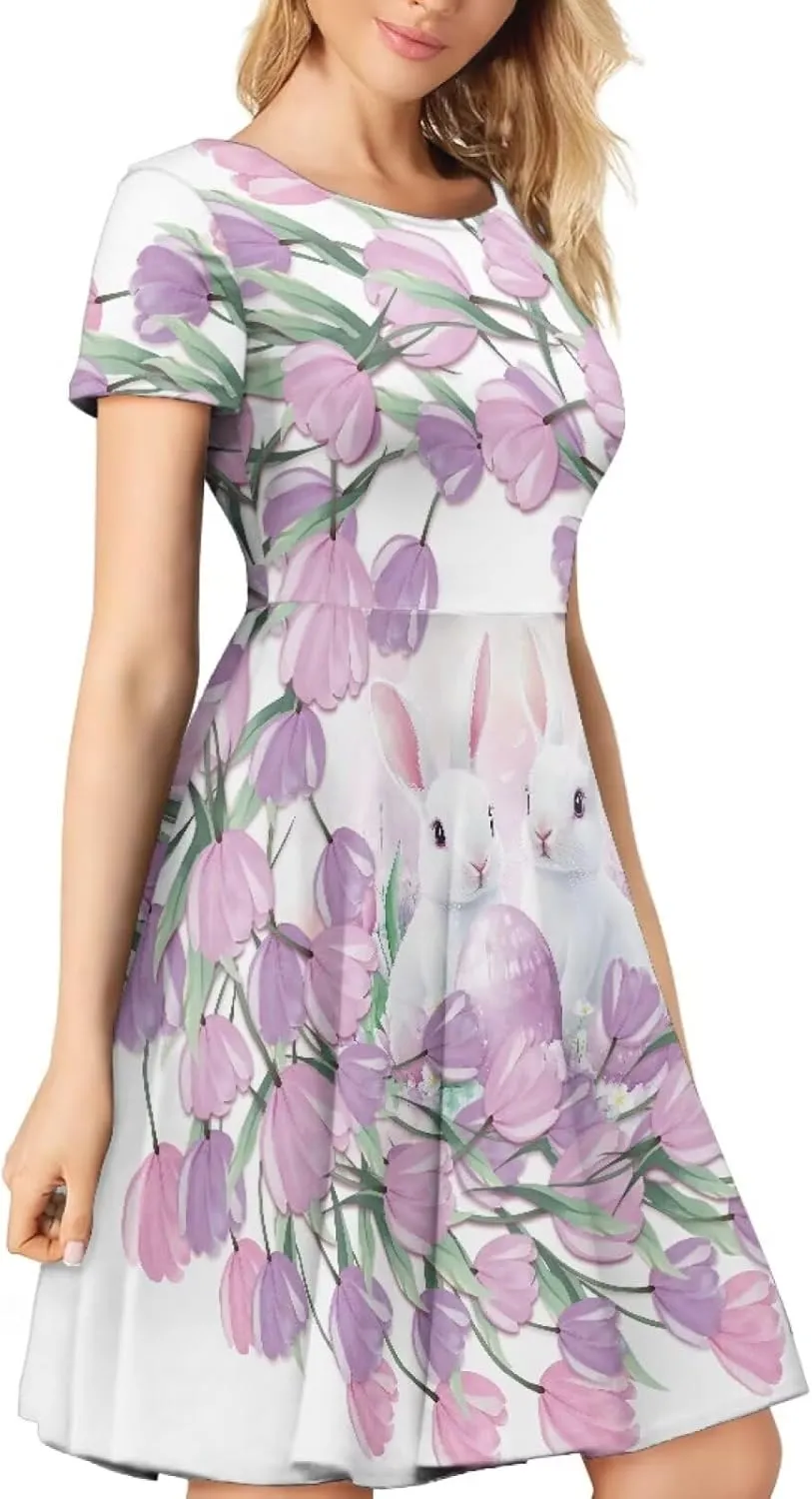 Binienty Women's Summer Casual Loose Crewneck Dress Ruffle Puffy Long Sleeve High Waist Midi Dress