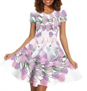 Binienty Women's Summer Casual Loose Crewneck Dress Ruffle Puffy Long Sleeve High Waist Midi Dress