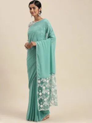 Blue Solid and Net Embroidered Saree