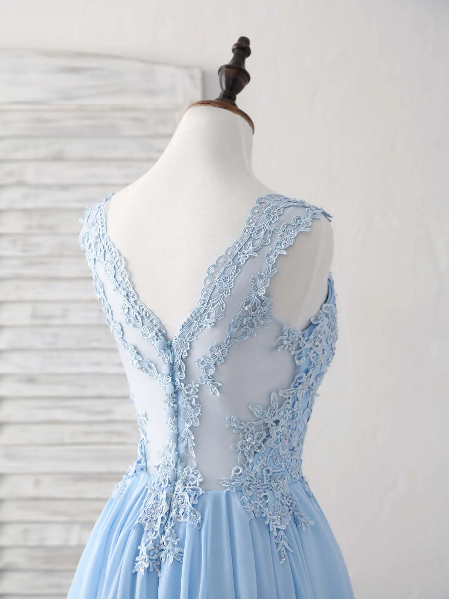 Blue V Neck Applique Chiffon Long Prom Dress Lace Bridesmaid Dress