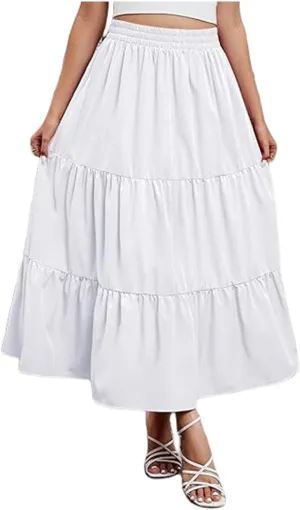Boho Maxi Skirts for Women Summer Flowy Elastic High Waisted Tiered Ruffle Hem Skirt Casual A Line Long Beach Skirts