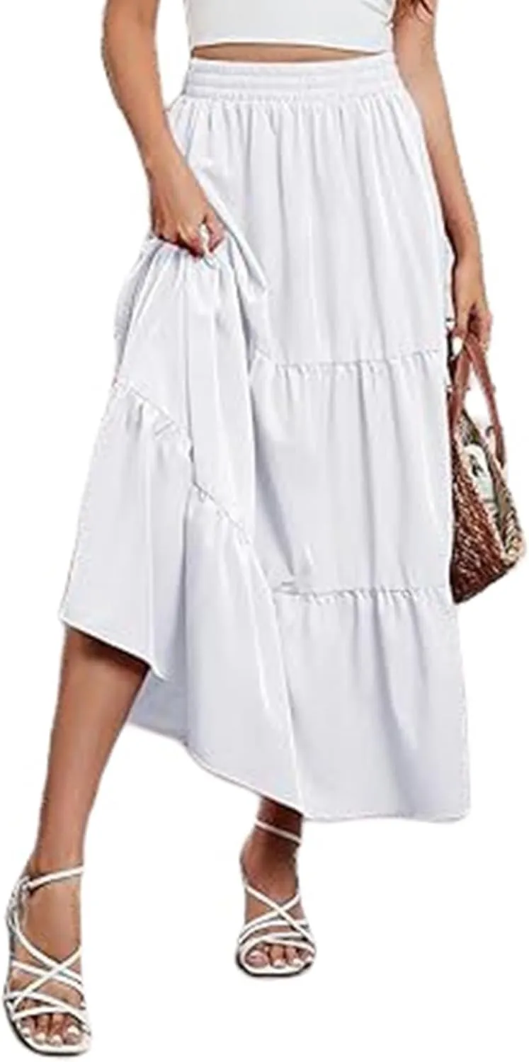Boho Maxi Skirts for Women Summer Flowy Elastic High Waisted Tiered Ruffle Hem Skirt Casual A Line Long Beach Skirts
