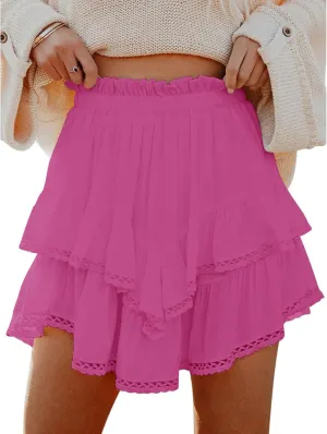 Boho Mini Skirts for Women Summer Flowy Elastic High Waist Tiered Ruffle Hem Skorts Casual Fashion Lace Beach Skirts