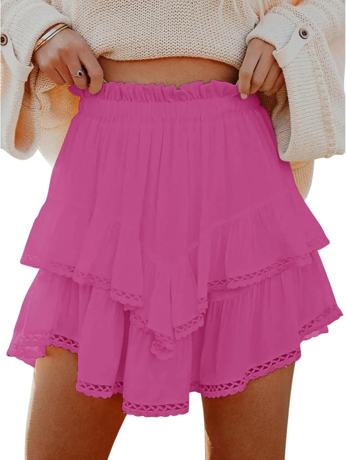 Boho Mini Skirts for Women Summer Flowy Elastic High Waist Tiered Ruffle Hem Skorts Casual Fashion Lace Beach Skirts