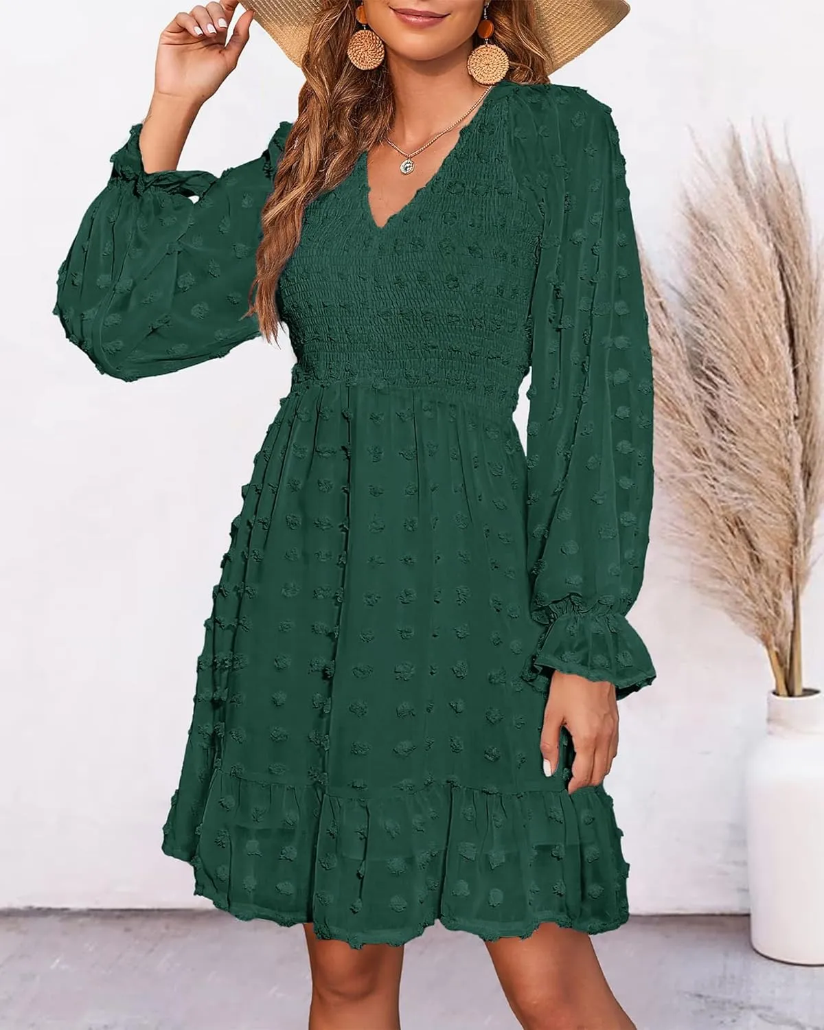 BTFBM Women Smocked Short Dress V Neck Long Sleeve Casual Swiss Dot Ruffle Chiffon Flowy Mini Summer Spring Dresses 2025