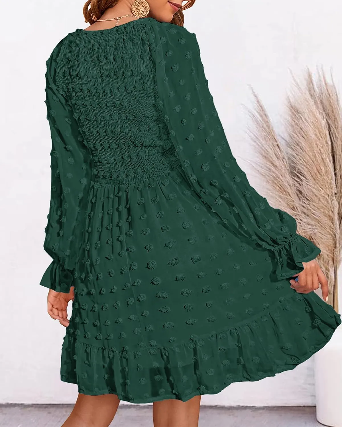BTFBM Women Smocked Short Dress V Neck Long Sleeve Casual Swiss Dot Ruffle Chiffon Flowy Mini Summer Spring Dresses 2025