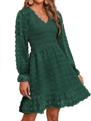 BTFBM Women Smocked Short Dress V Neck Long Sleeve Casual Swiss Dot Ruffle Chiffon Flowy Mini Summer Spring Dresses 2025
