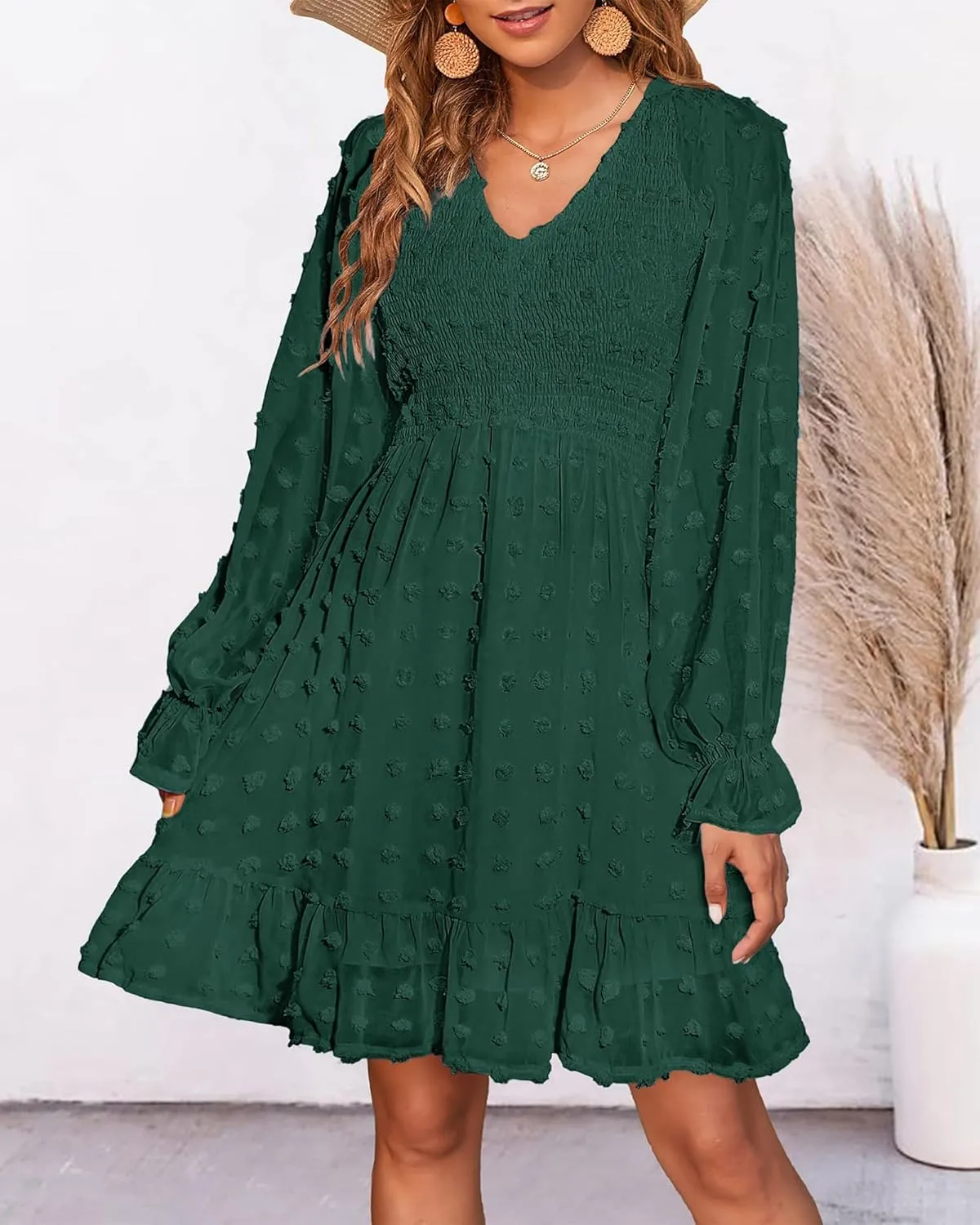 BTFBM Women Smocked Short Dress V Neck Long Sleeve Casual Swiss Dot Ruffle Chiffon Flowy Mini Summer Spring Dresses 2025