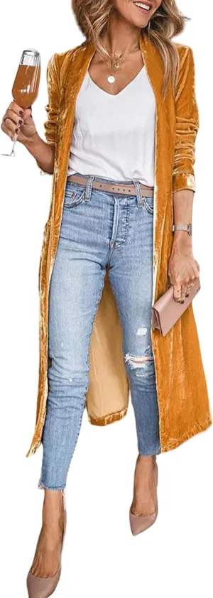 CHARTOU Women Elegant Velvet Jacket Open Front Long Cardigan Duster Long Sleeve Office Work Blazer