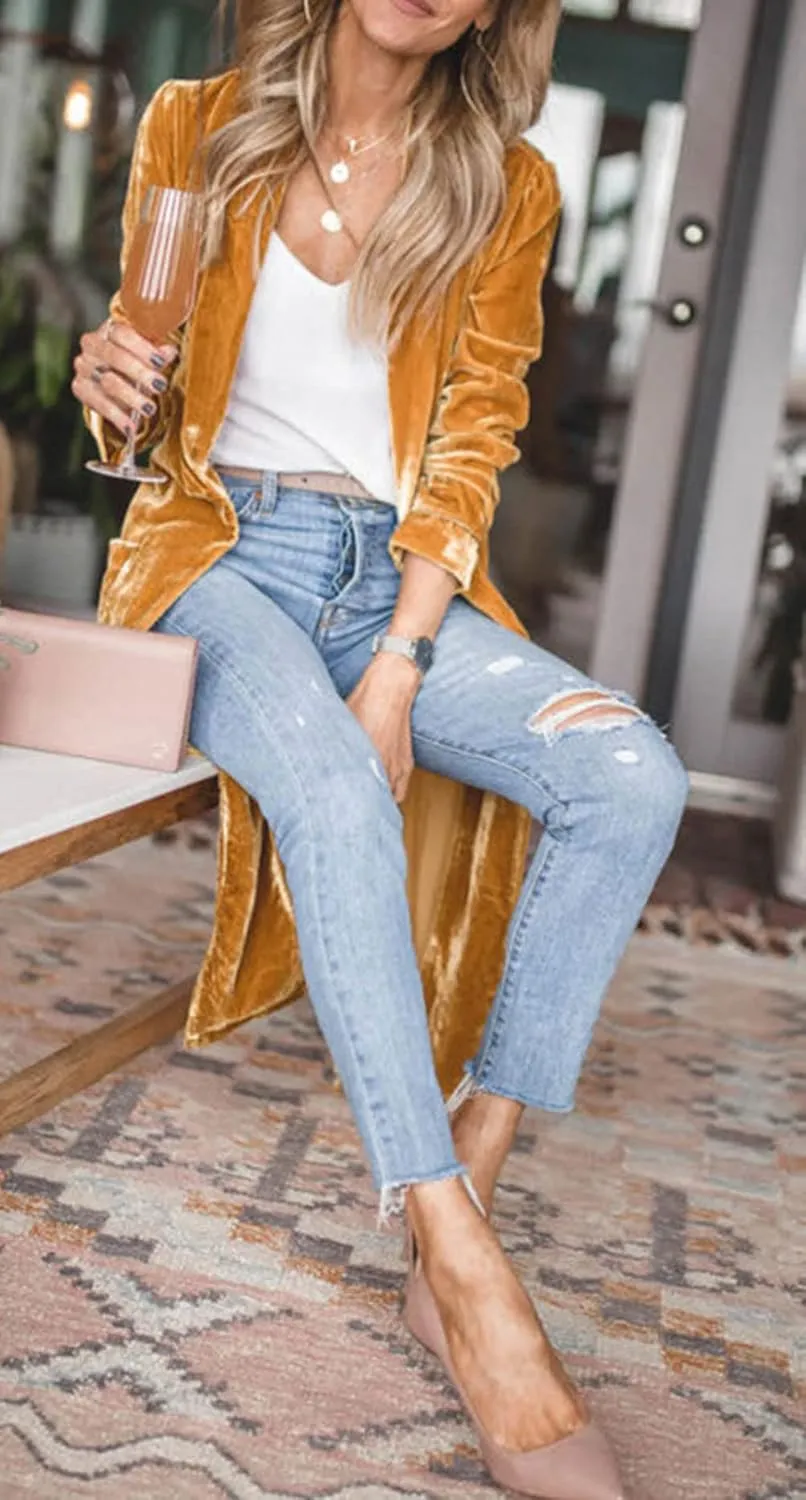CHARTOU Women Elegant Velvet Jacket Open Front Long Cardigan Duster Long Sleeve Office Work Blazer