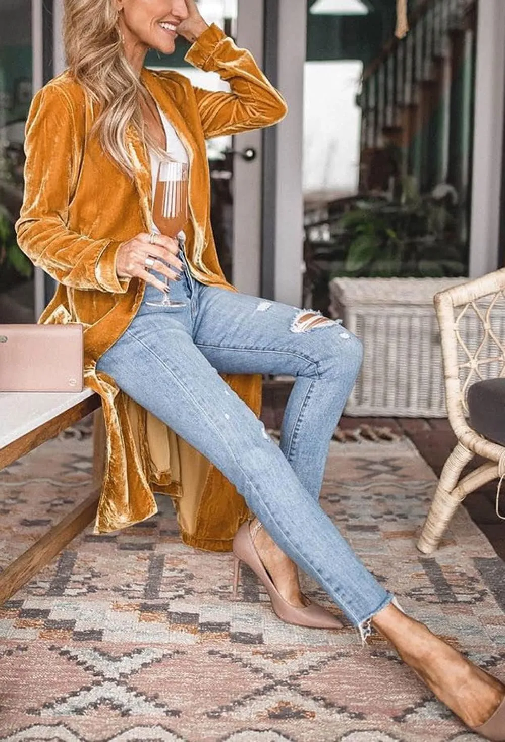 CHARTOU Women Elegant Velvet Jacket Open Front Long Cardigan Duster Long Sleeve Office Work Blazer