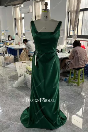 Custom Dark Green Satin Square Neck Sleeveless Formal Bridal Dress