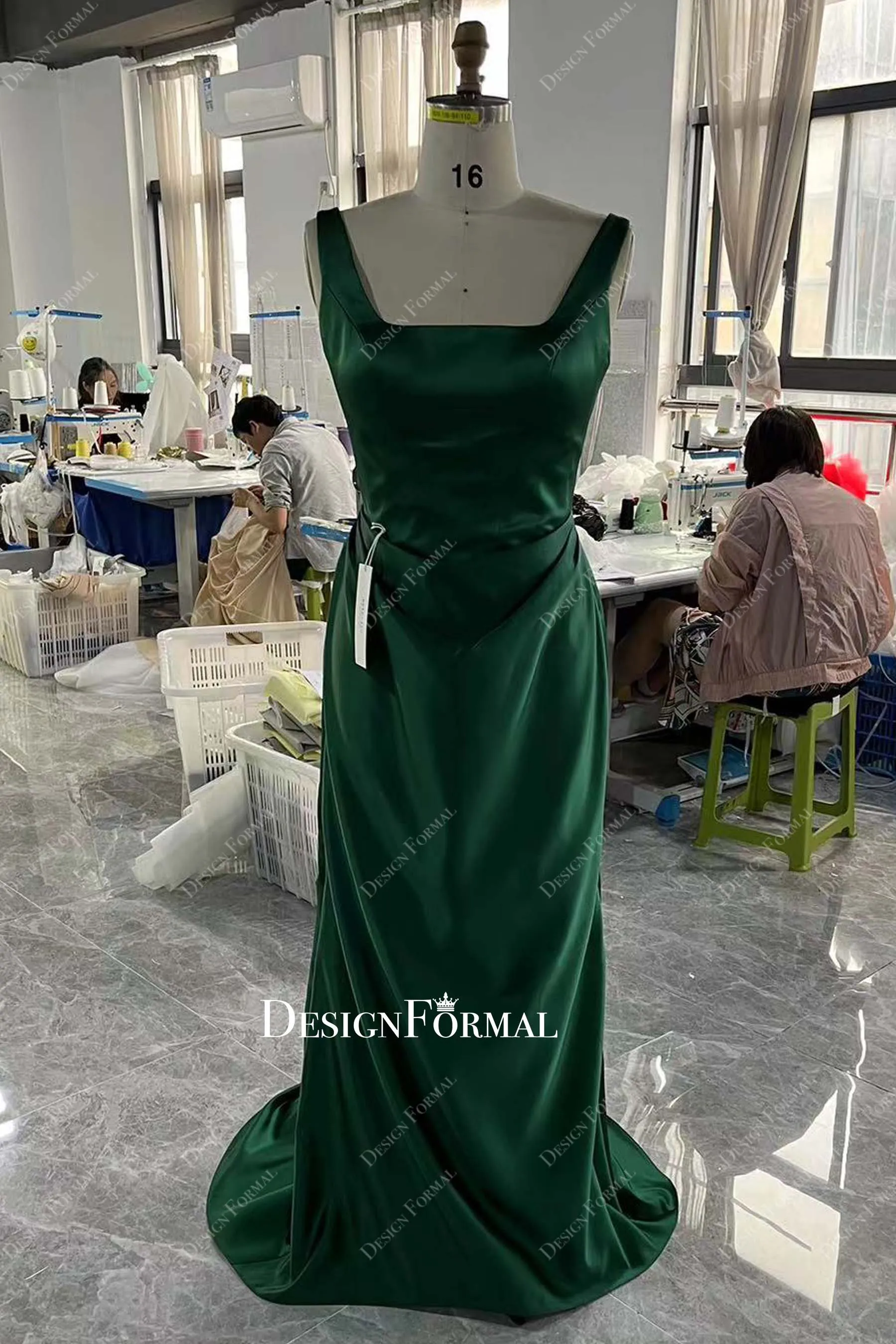 Custom Dark Green Satin Square Neck Sleeveless Formal Bridal Dress