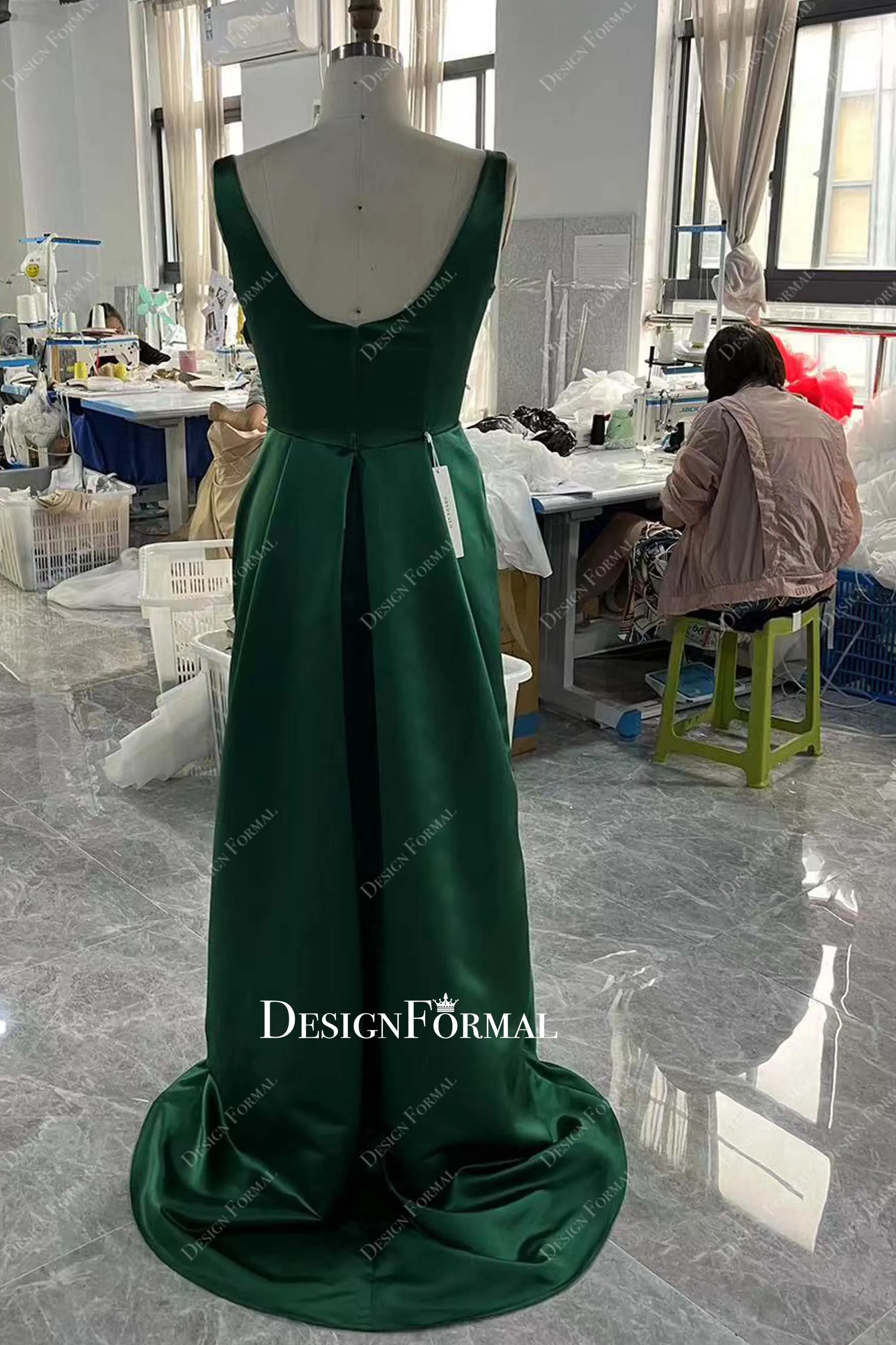 Custom Dark Green Satin Square Neck Sleeveless Formal Bridal Dress