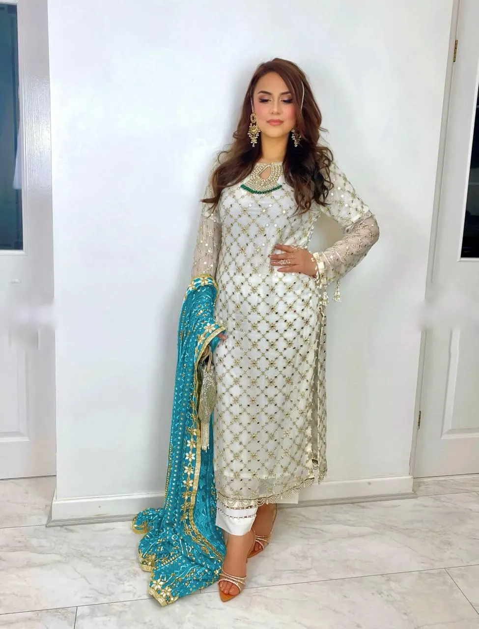 Dazzling White Color Fully Embroidery Work Salwar Suits And Sky Blue Dupatta Set