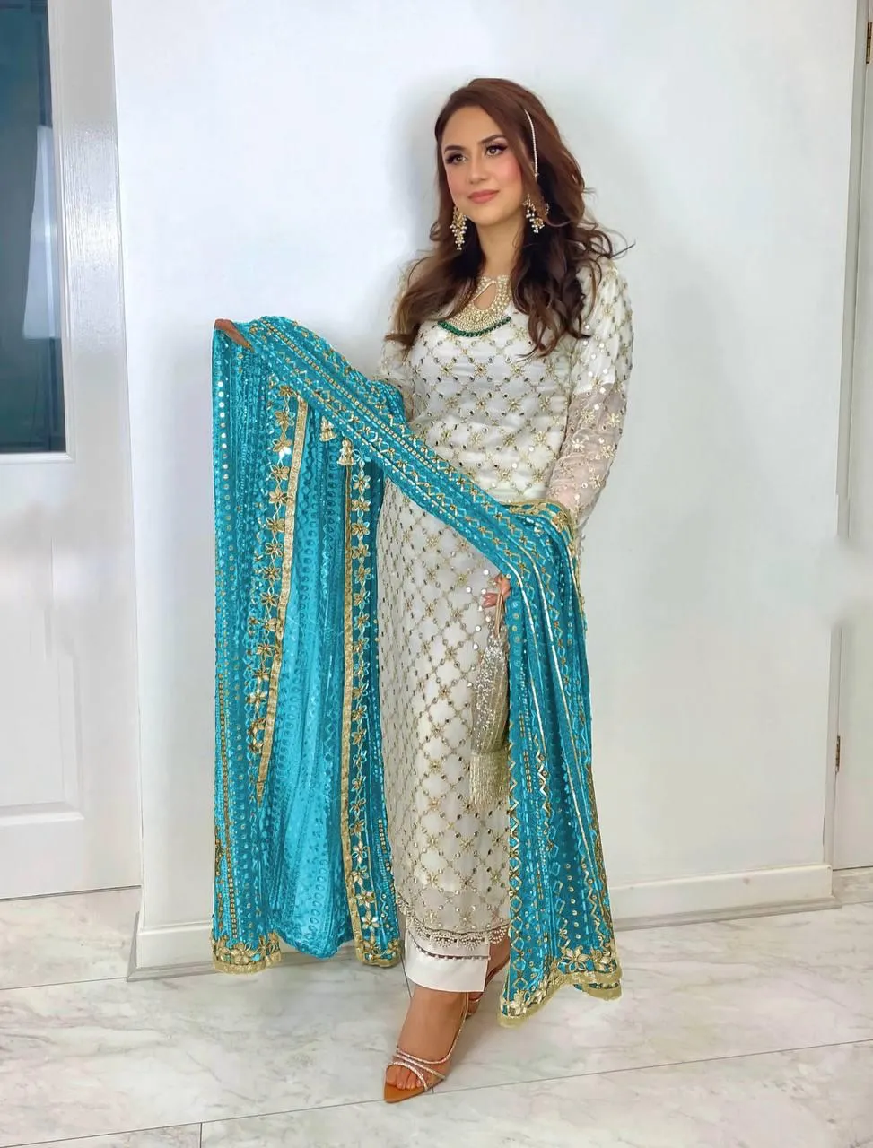 Dazzling White Color Fully Embroidery Work Salwar Suits And Sky Blue Dupatta Set
