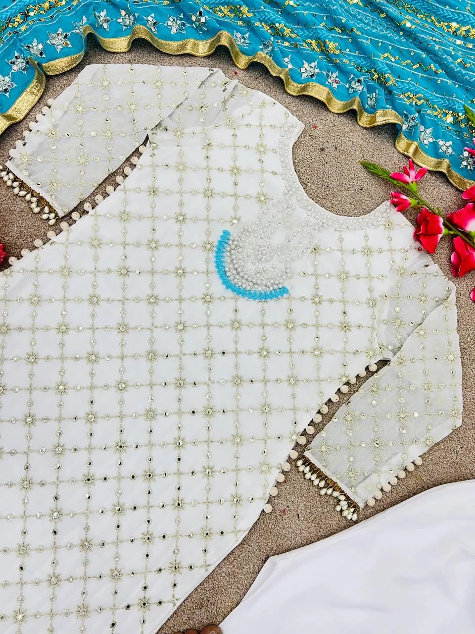 Dazzling White Color Fully Embroidery Work Salwar Suits And Sky Blue Dupatta Set
