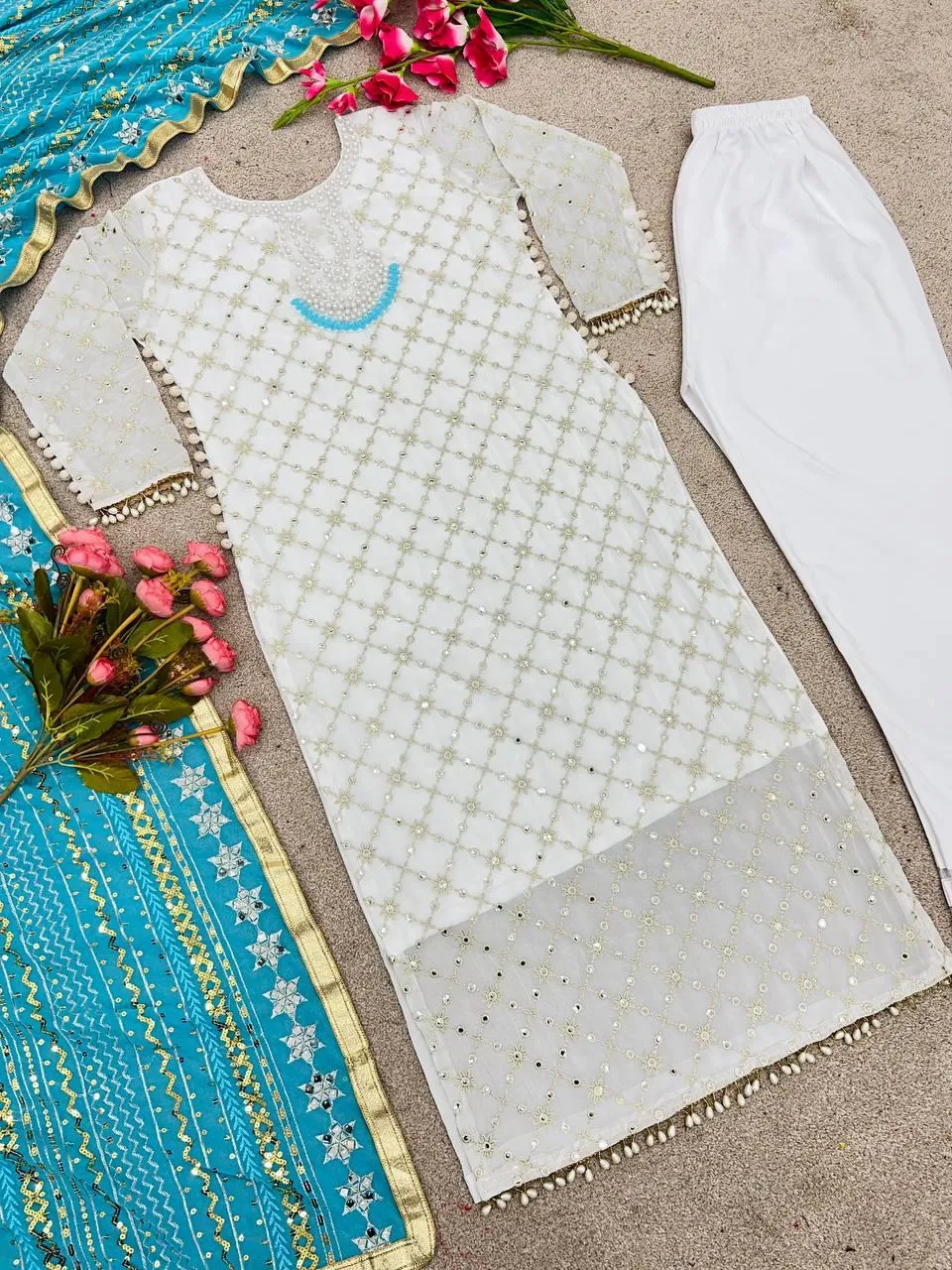 Dazzling White Color Fully Embroidery Work Salwar Suits And Sky Blue Dupatta Set