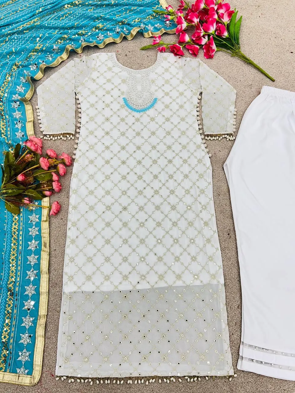 Dazzling White Color Fully Embroidery Work Salwar Suits And Sky Blue Dupatta Set