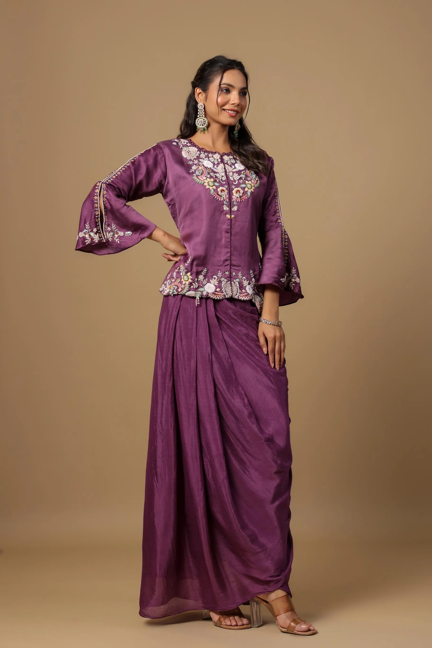 Deep Ruby Embellished Premium Chinon Silk Skirt Set