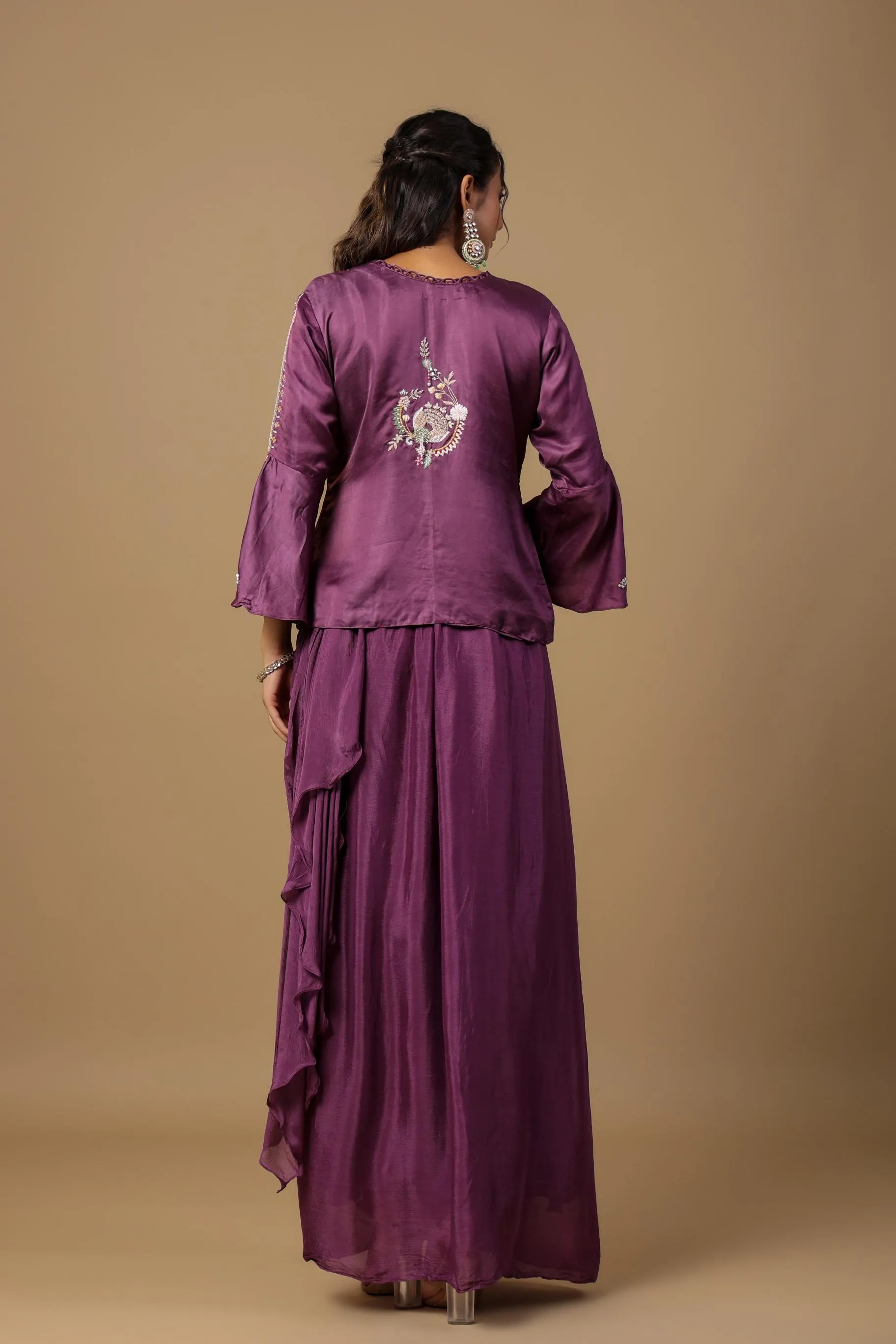 Deep Ruby Embellished Premium Chinon Silk Skirt Set