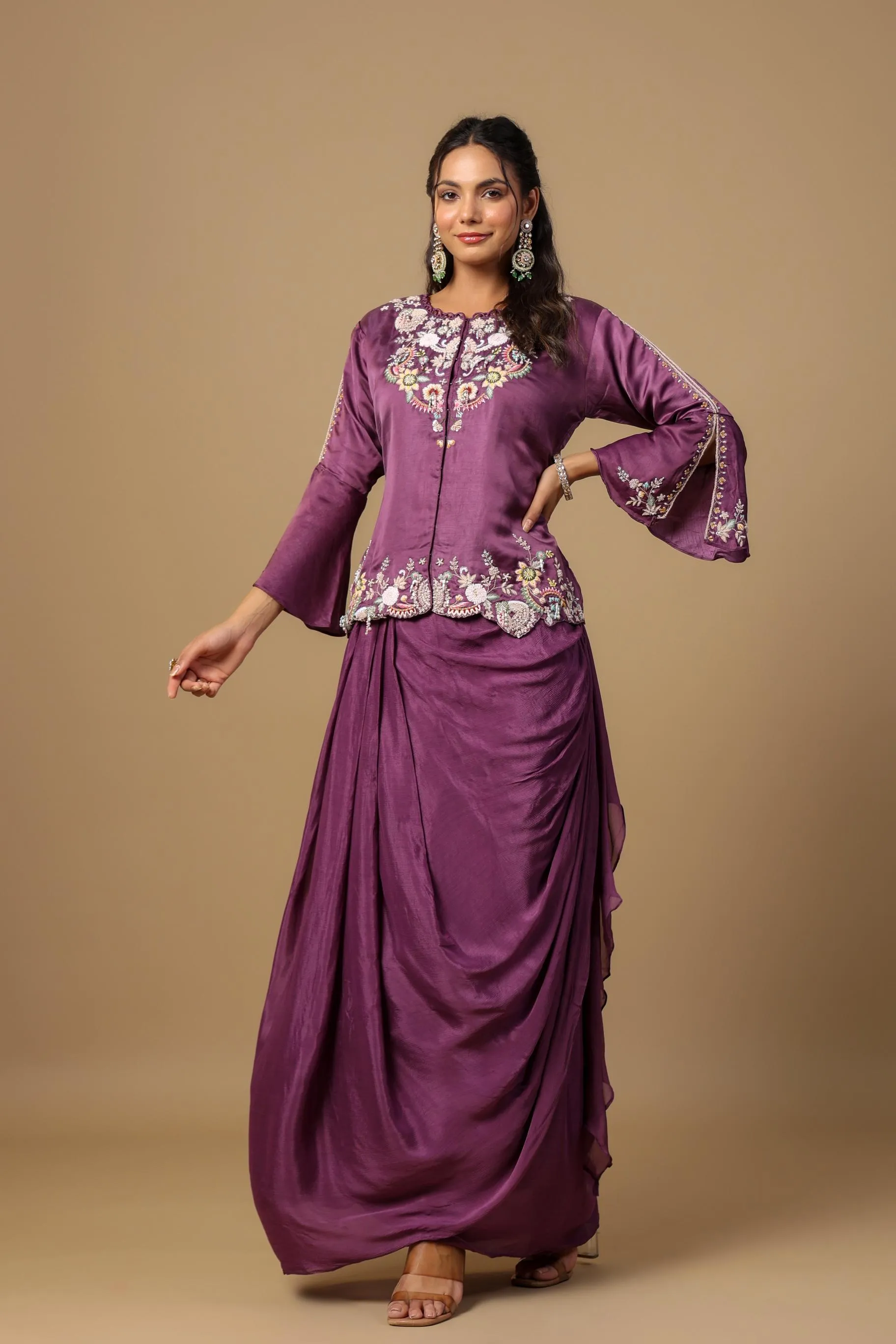 Deep Ruby Embellished Premium Chinon Silk Skirt Set