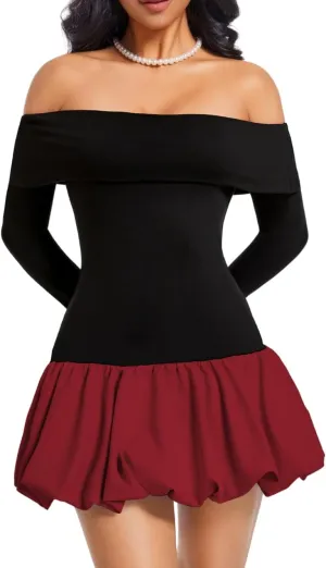 Drop Waist Bubble Dress, Off Shoulder Mini Dresses for Women, Going Out Date Night, Homecoming Party Long Sleeve