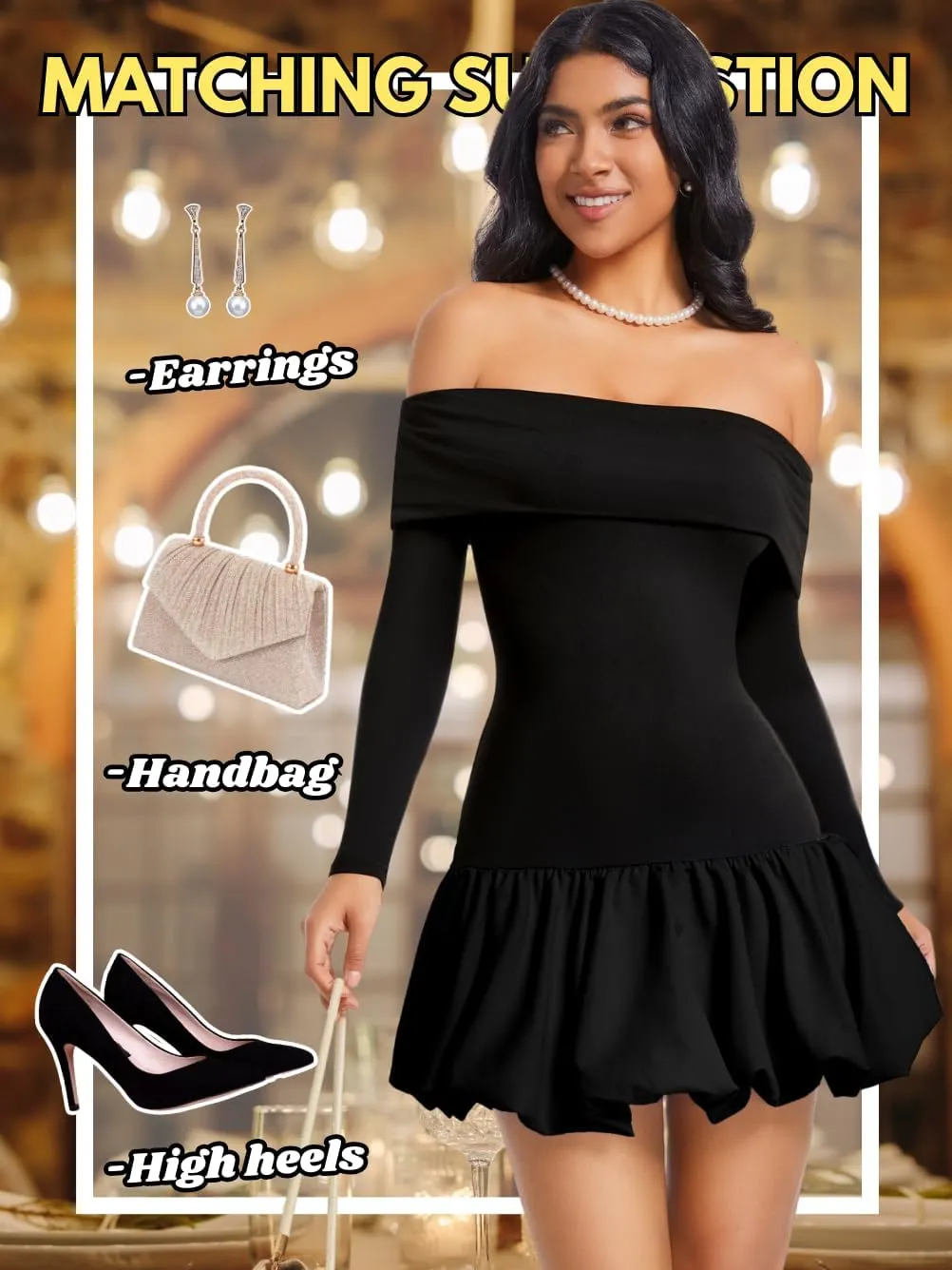 Drop Waist Bubble Dress, Off Shoulder Mini Dresses for Women, Going Out Date Night, Homecoming Party Long Sleeve