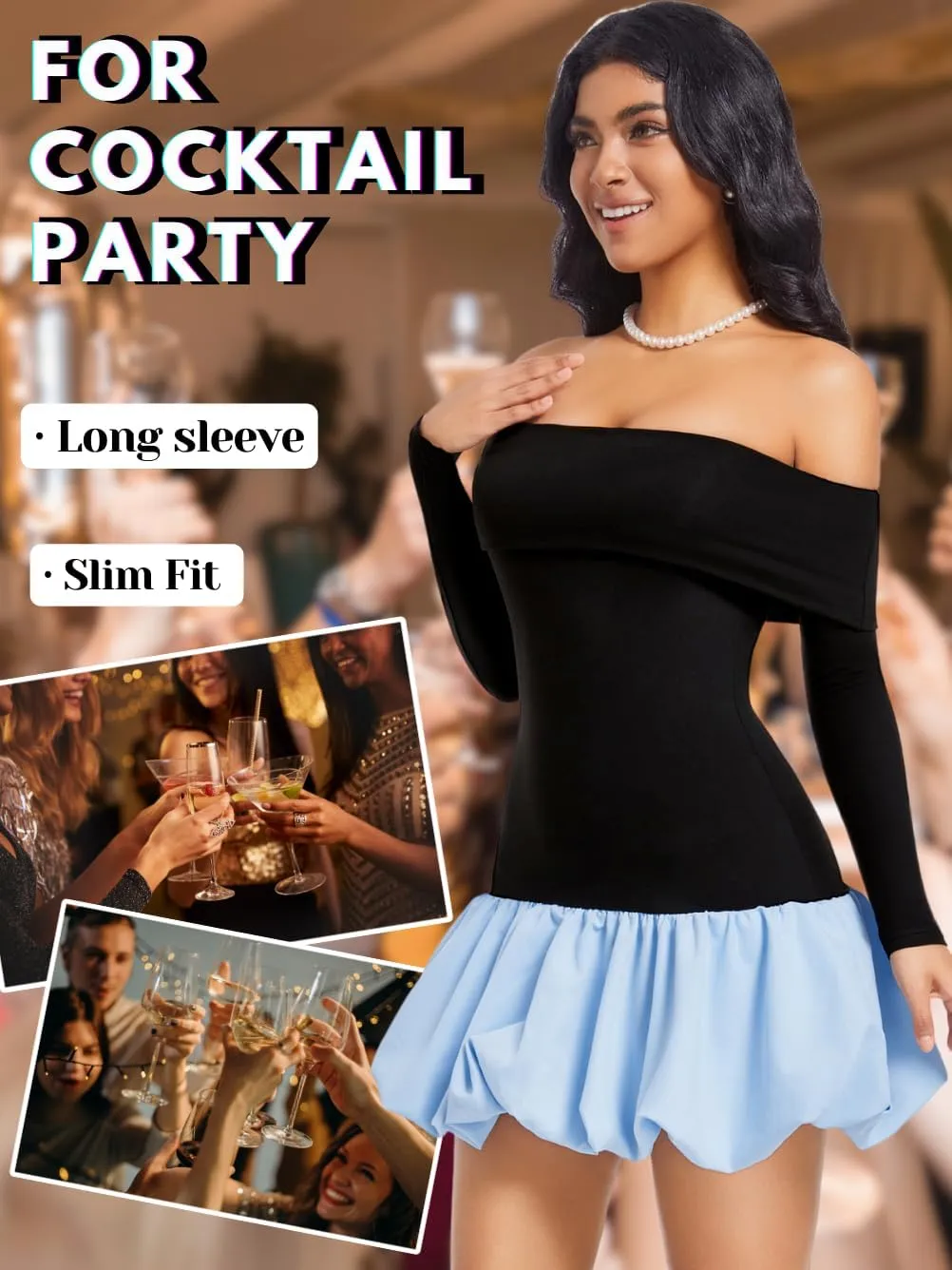 Drop Waist Bubble Dress, Off Shoulder Mini Dresses for Women, Going Out Date Night, Homecoming Party Long Sleeve