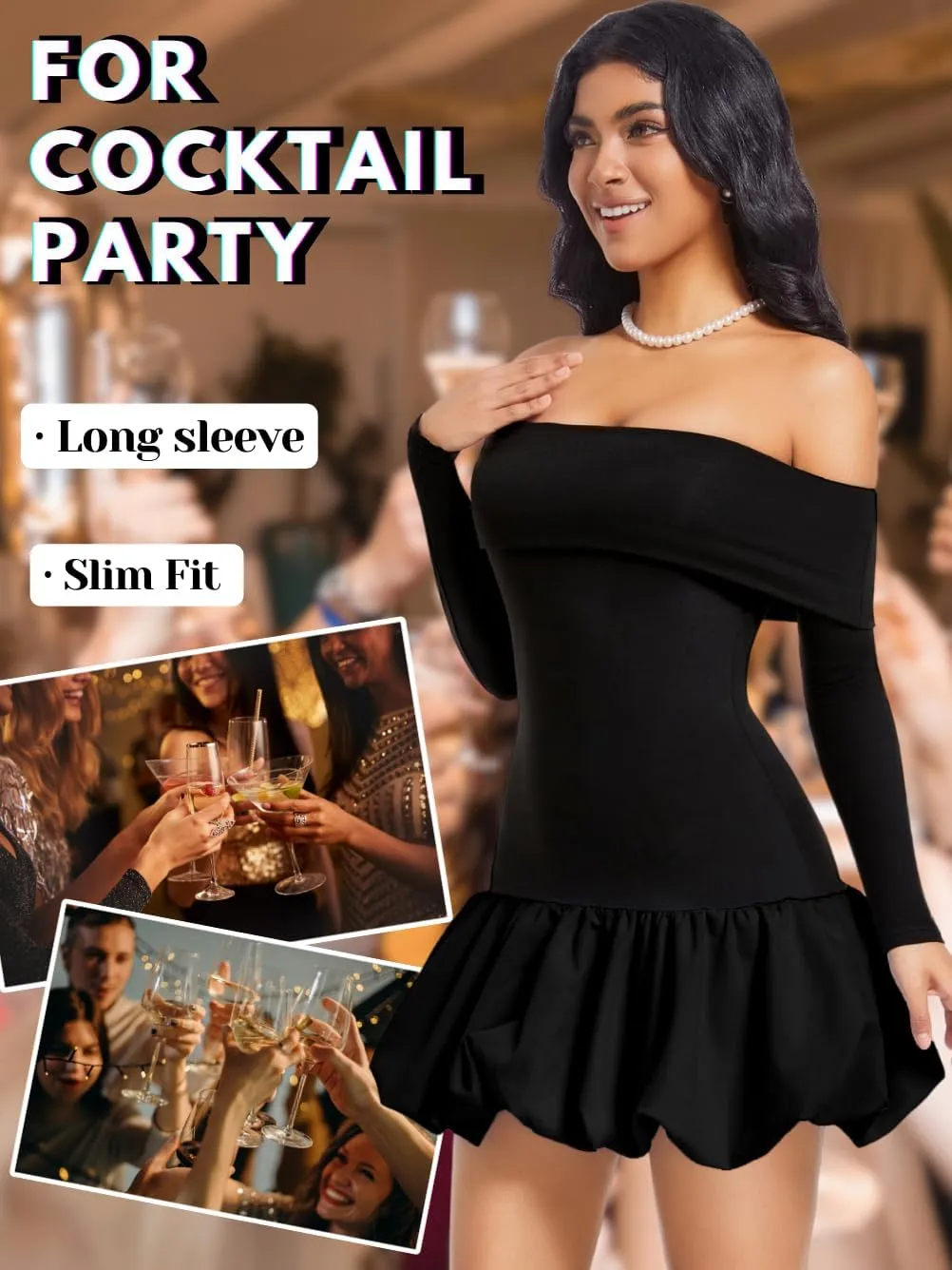 Drop Waist Bubble Dress, Off Shoulder Mini Dresses for Women, Going Out Date Night, Homecoming Party Long Sleeve