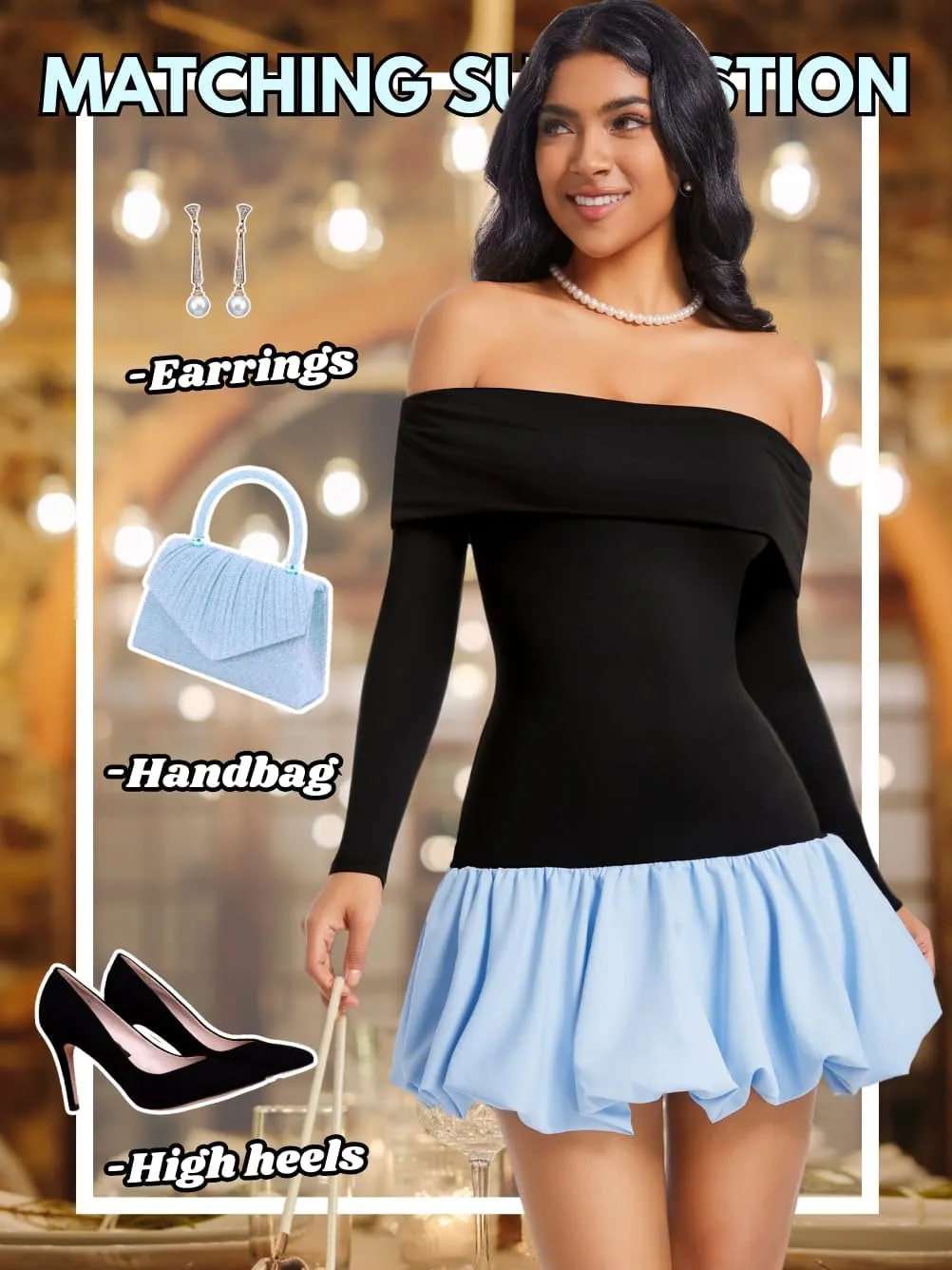 Drop Waist Bubble Dress, Off Shoulder Mini Dresses for Women, Going Out Date Night, Homecoming Party Long Sleeve