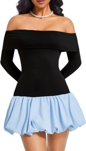 Drop Waist Bubble Dress, Off Shoulder Mini Dresses for Women, Going Out Date Night, Homecoming Party Long Sleeve