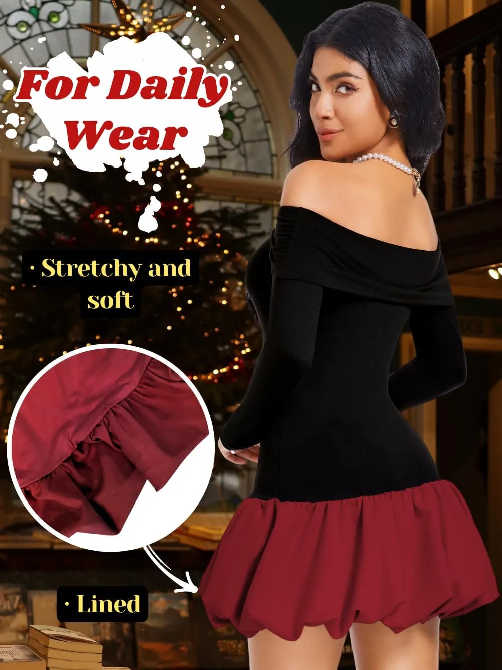 Drop Waist Bubble Dress, Off Shoulder Mini Dresses for Women, Going Out Date Night, Homecoming Party Long Sleeve