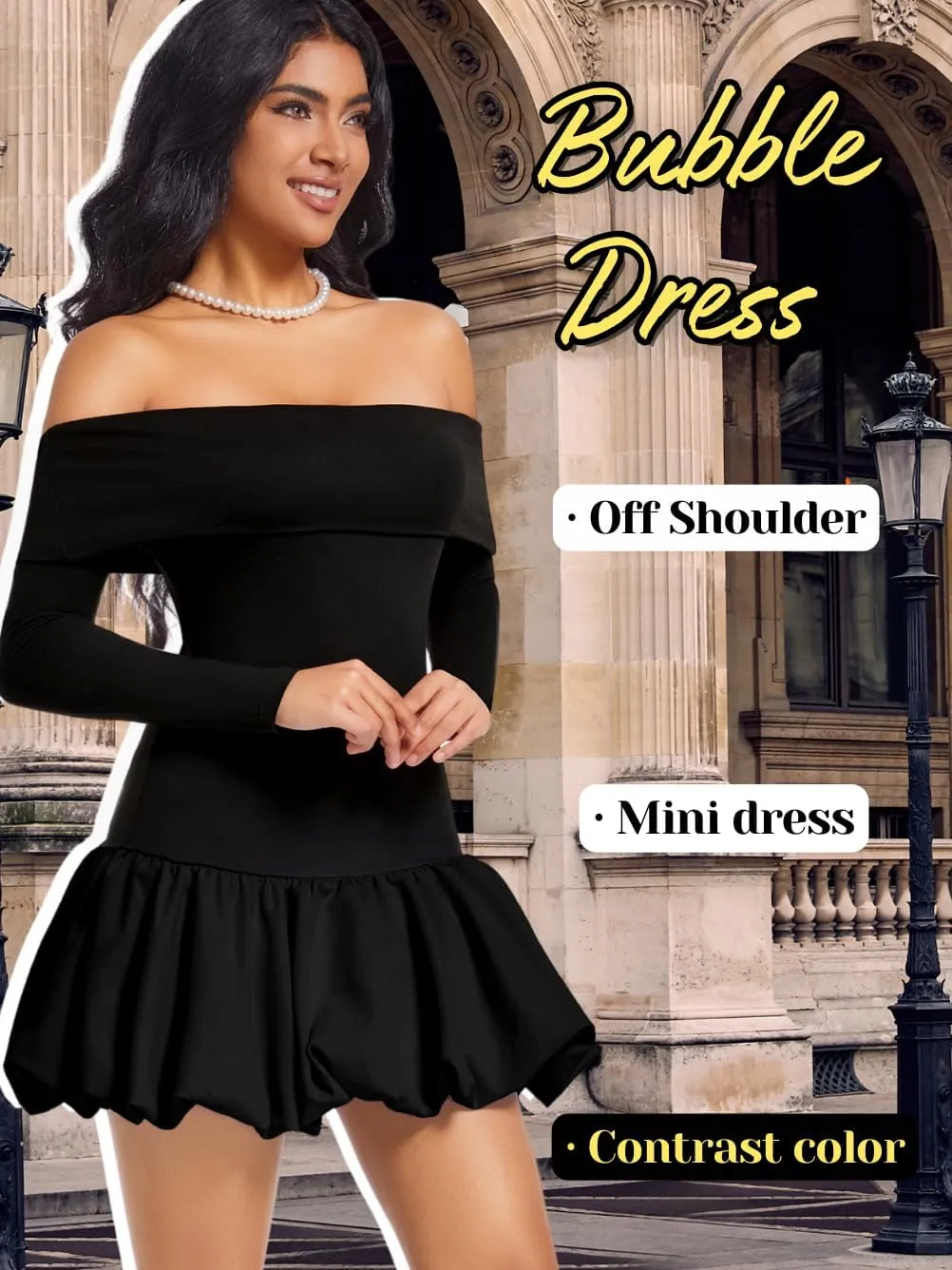 Drop Waist Bubble Dress, Off Shoulder Mini Dresses for Women, Going Out Date Night, Homecoming Party Long Sleeve