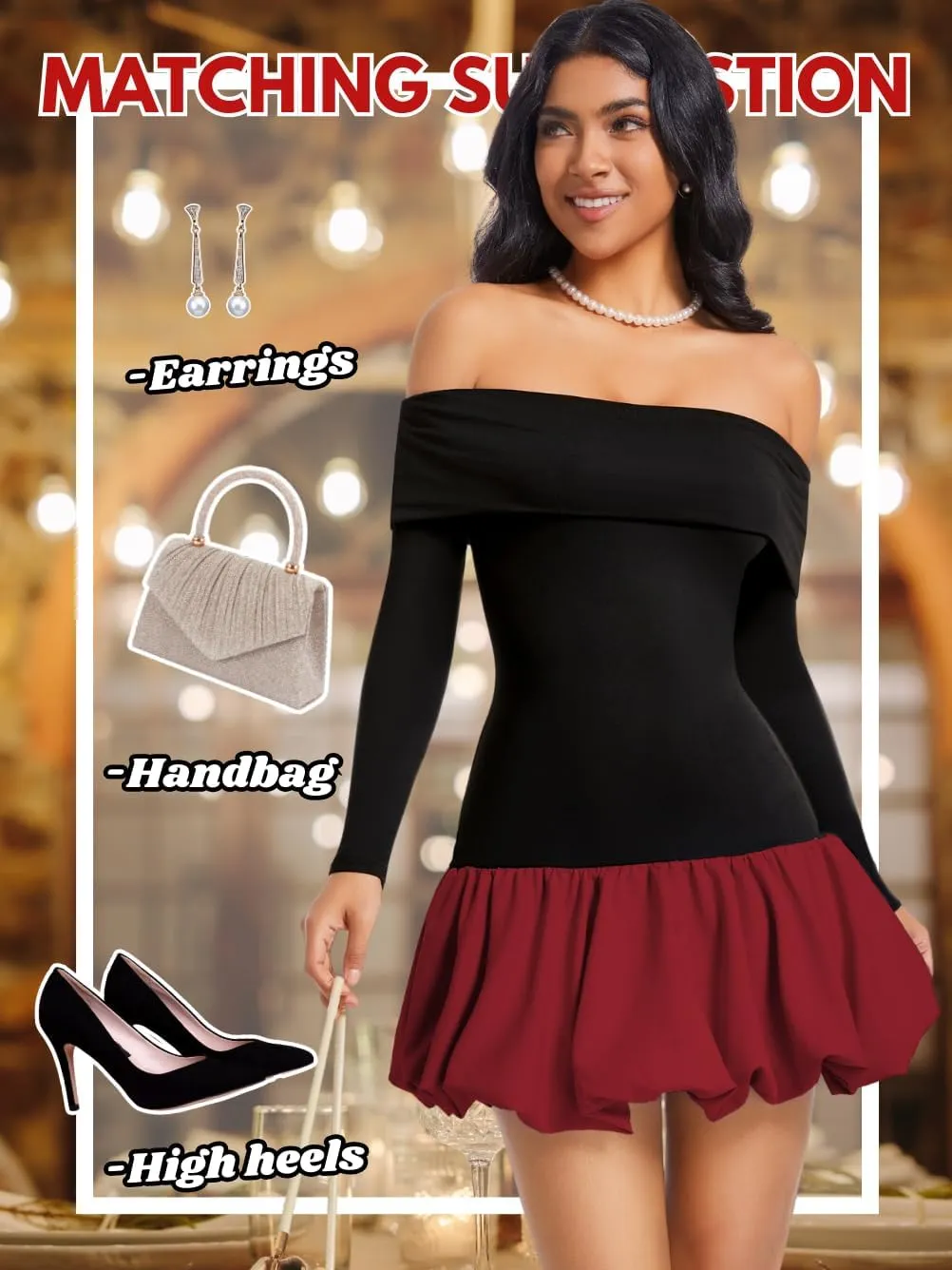Drop Waist Bubble Dress, Off Shoulder Mini Dresses for Women, Going Out Date Night, Homecoming Party Long Sleeve