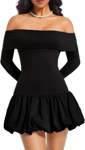 Drop Waist Bubble Dress, Off Shoulder Mini Dresses for Women, Going Out Date Night, Homecoming Party Long Sleeve