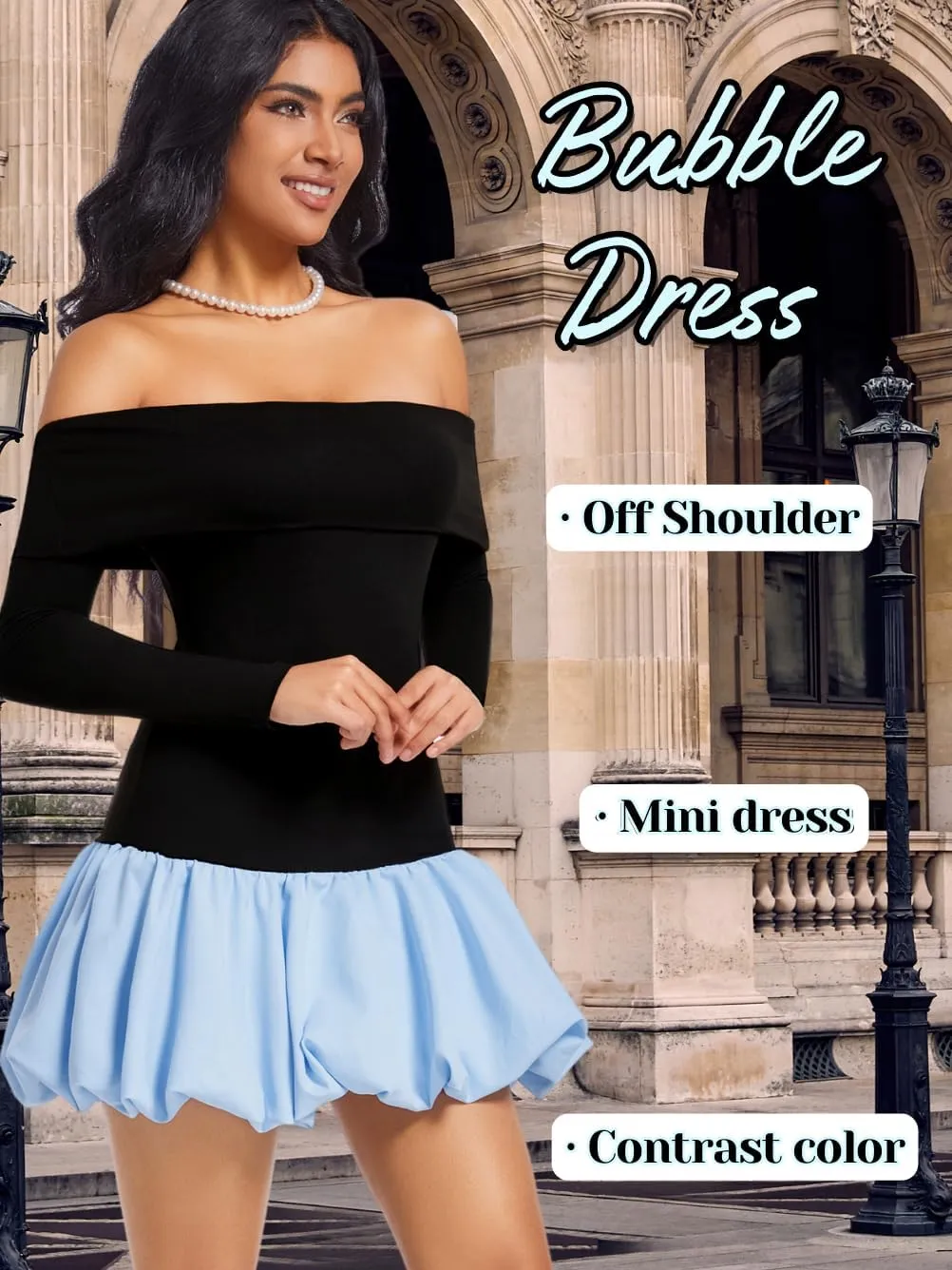 Drop Waist Bubble Dress, Off Shoulder Mini Dresses for Women, Going Out Date Night, Homecoming Party Long Sleeve