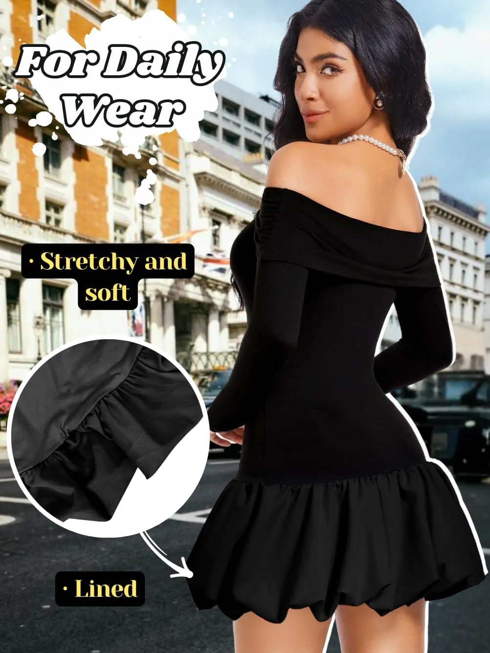 Drop Waist Bubble Dress, Off Shoulder Mini Dresses for Women, Going Out Date Night, Homecoming Party Long Sleeve